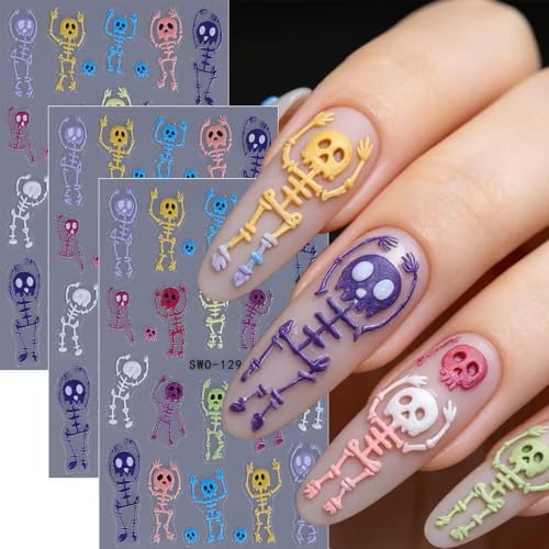 Halloween Nail Art Stickers Skull Nail Art Decals 3 Sheets Colorful Skeleton Bones Skeleton Self-Adhesive Stickers 5D Embossed Skull Nail Decals for Women Halloween Nail Supplies Nail Decorations - color: Halloween Style1