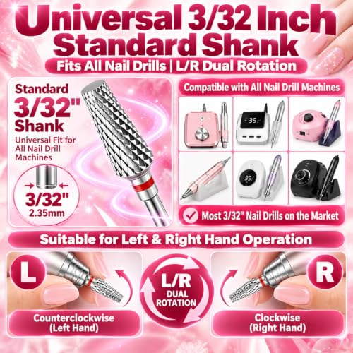 Tungsten Carbide Nail Drill Bit, 3/32" Shank Professional Tapered Nail File Bit for Acrylic Nails, Gel Polish Remover, Cuticle Clean, Manicure Pedicure Tool (Fine - F)