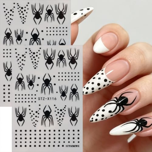 Halloween Nail Art Sticker Decal Spider Web Nail Stickers 6 PCS 3D Shelf-Adhesive Black Spider Web French Nails Design Polka Dot Nail Supplies Accessories for Women DIY Halloween Manicure Decoration - color: Polka Dot Spider