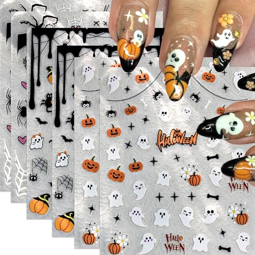 6Sheets Cute Ghost Nail Stickers for Nail Art,Micro-Relief Halloween Spider Nail Decals Pumpkin Cat Heart Spider Web Nail Designs Bat Star Nails Accessories for Women Acrylic Manicure Holiday Supplies - style: ghost