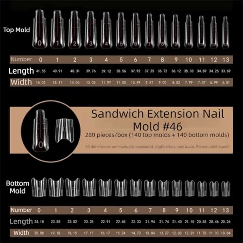 280Pcs Sandwich Dual Nail Forms 14sizes Quick Building Gel Nail Extensions-Dual Form with Reusable Top and Bottom Mold Tips (No.#46 (280Pcs)) - size: No.#46 (280Pcs)