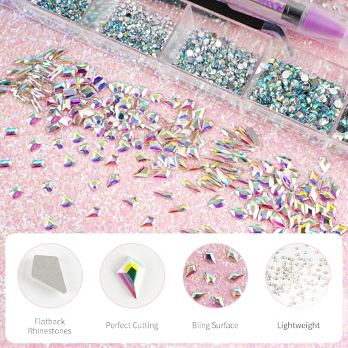 Canvalite 12 Types of 600Pcs Crystal Nail Charms & 5710Pcs Rhinestones for Nails Diamonds for DIY Crafts Flat Back Resin Rhinestones Transparent AB Gemstones Set with Drill Pen & Tweezer - color: Transparent AB, size: Large Pack