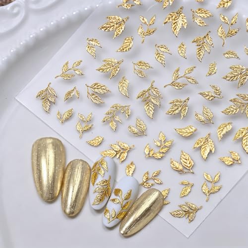 1 Sheet Fall Gold Leaf Nail Stickers 5D Embossed Self-Adhesive Nail Decals Metallic Leaves Nail Design Nail Stickers Autumn Golden Leaves Thanksgiving Supplies for Women Nails Decoration Accessories - color: Gold Leaf