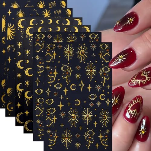 6 Pcs Gold Star Nail Stickers for Nail Art,Self-Adhesive Red Diamond Star Moon Nail Decals Star Moon Sun Pegatinas Uñas Cute Stars Nail Design Stickers Nail Art Supplies for Women Nail Decorations - style: gold star