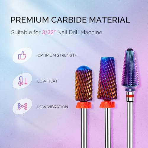 MelodySusie 3Pcs Nail Drill Bits Set, 3/32'' Carbide Tungsten Bits, 5 in 1, Smooth Round Top Large Barrel and Tornado Bits, Suitable for Manicure Pedicure Cuticle Gel Acrylic Remover, Purple - size: A Set