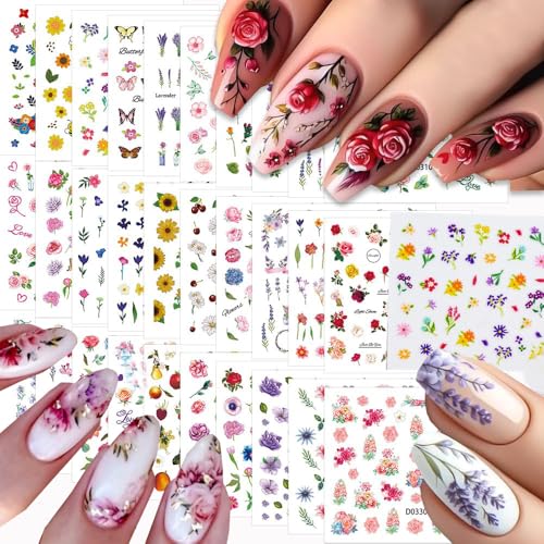 30 Sheets Flower Nail Stickers for Nail Art, 3D Self-Adhesive Nail Decals - color: Different Flower