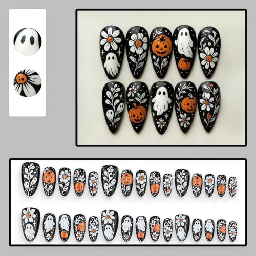 24Pcs Halloween Press On Nails Medium Almond With Ghost Pumpkin Fake Nails - color: Halloween nails-14
