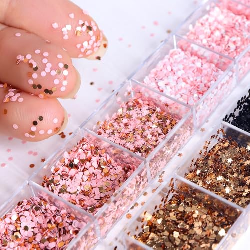 1 Box 4 Color Holographic Hearts Nail Glitter Round Star Nail Sequins 3D Pink Gold Nail Flakes Sparkly Glitter Flakes Shiny Nail Glitter Valentine's Day Nail Sequins Glitter for Nails Art 12 Grids - color: YHN01