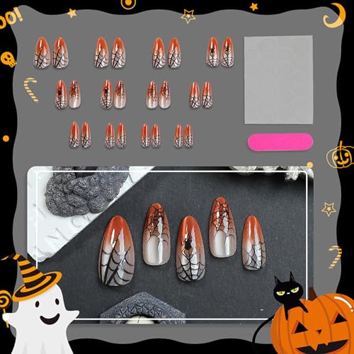 Halloween Press On Nails Medium Almond Fake Nails Press Ons Holiday With Spider Web Design False Nails Glossy Full Cover Acrylic Nails Orange Glue On Nails For Women - color: Halloween nails-5