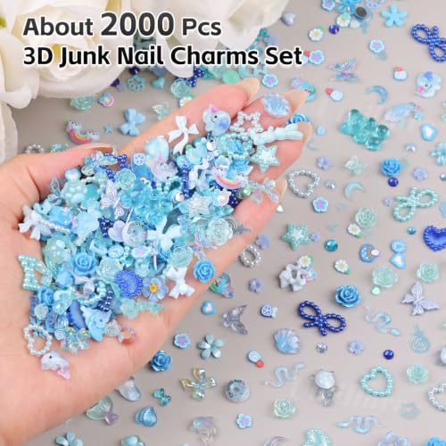 2000Pcs Junk 3D Nail Charms Bulk Y2k Cute Nail Gems for Nails Design Kit - color: Blue