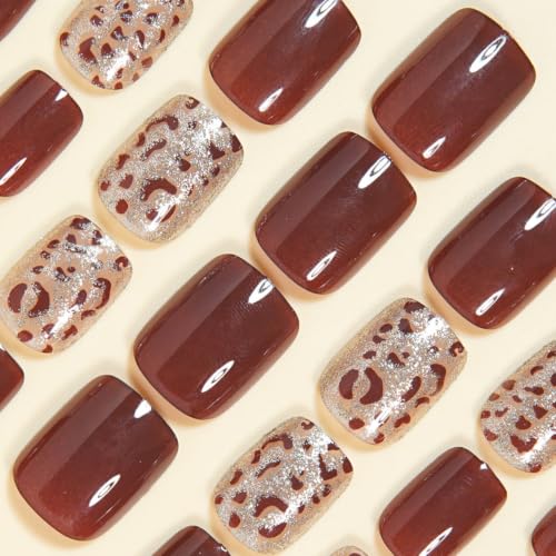 Fall Brown Press On Nails Short Square Fake Nails With Leopard Print Design - color: fallnails21