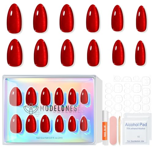 Modelones Red Cat Eye Press on Nails Almond, Halloween Short Fake Nails