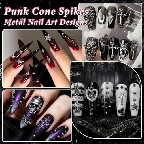 Punk Gothic Nail Art Studs, Black Silver Caviar Beads & Spike Nail Charms - color: S3