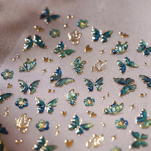 WBRRFJJ 5D Embossed Butterfly Nail Art Stickers, Green Hot Gold Butterflies, Nail Decals, Self Adhesive, Flower Heart Nail Designs, Star Nail Art Supplies, Spring Nail Stickers for Women - style: Butterfly Nail Stickers-4