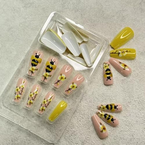 Summer Press on Nail Long Coffin Fake Nails with Floral designs Stick on Nail 3D Bee False Nails Glossy Full Cover Yellow Cute Glue on Nails Reusable Acrylic Press ones for Women Spring Manicure24pcs - color: styles35