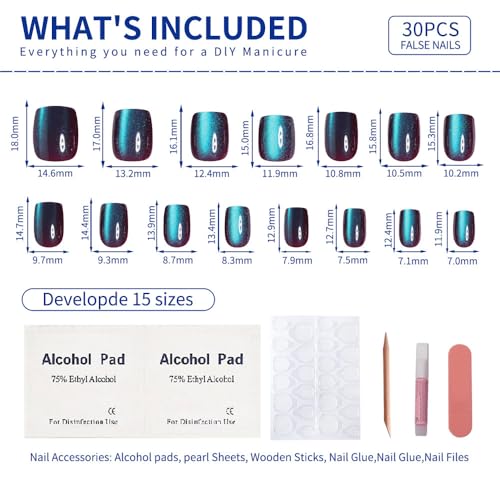 Teal Blue Cat Eye Press On Nails Short – Square Fake Nails with Color-Shifting Glow, Glossy Gel Acrylic Nails 15 Sizes, 30 Nails, Thick Reusable Glue On Nails for Daily Wear & Women Gifts - color: M11-Galaxy-Blue