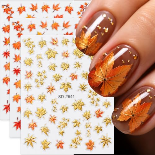 3D Fall Nail Stickers, Maple Leaf Autumn Nail Decals for Nail Art, 3 Sheets - color: Multicolor-03