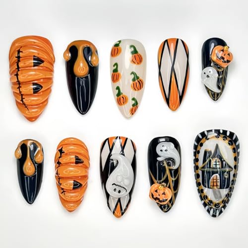 30Pcs Halloween Press on Nails Medium Almond Cute Fake Nails with 3D Ghost Pumpkin Castle Designs False Nails Kit Halloween Acrylic Nail Orange Blood Drop French Full Cover Stick on Nails for Women - color: pumpkin