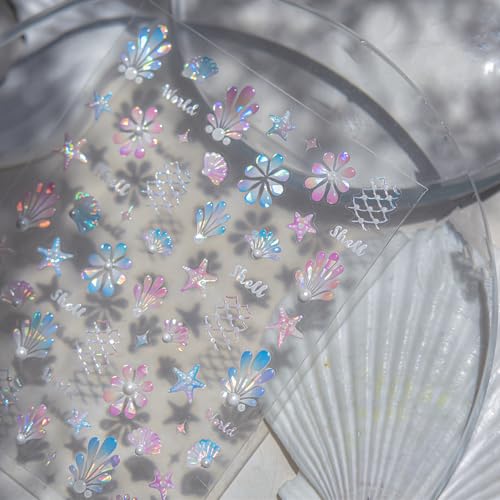 1 Sheet Summer Ocean Nail Sticker 5D Self Adhesive Starfish Nail Decals with Pearl Crystal Diamond Design Shiny Seashell Nail Art Stickers Mermaid Nails Supplies for Women Manicure Decoration DIY - color: Mermaid