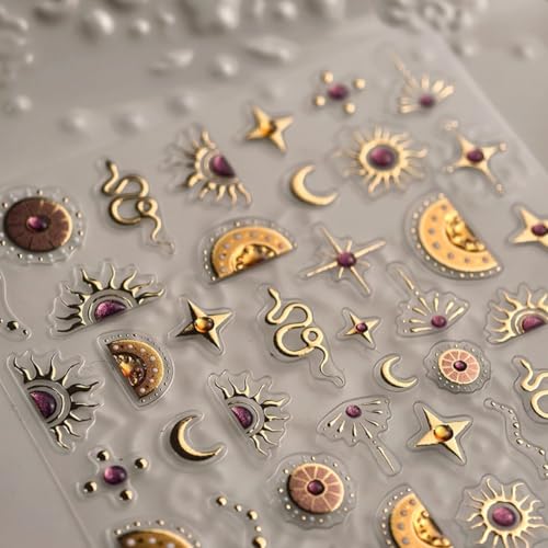 5D Embossed Snake Nail Sticker Gold Snake Stars Moon Nail Art Sticker Self Adhesive Nail Decals Halloween Nail Art for Women Manicure Supplies Nails Art Decorations - color: Style-10