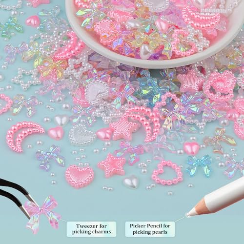 600 Pcs 3D Nail Bow Charms and Flatback Pearls Nail Charms Set 11 - color: Set 11- 8 Colors
