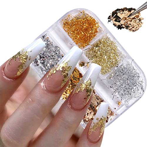 Holographic Nail Foil Flakes 3D Sparkly Aluminum Foil Glitter Sequins Nail Art Supplies Gold Silver Nail Art Foil Glitter Paillettes Line Strip Nail Glitter Flakes for Acrylic Nails Design (6 Grids) - color: A1