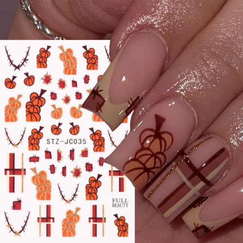 Halloween Pumpkin Nail Art Stickers Maple Leaf Pumpkin Nail Art Decals 6 Sheets 3D Self-Adhesive Stickers Plaid Stripes Nail Decals for Women Halloween Nail Supplies Fall Nail Decorations - color: Halloween Style6