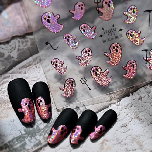 Pink Holographic Glitter Ghost Nail Stickers Self Adhesive Spooky Ghost Nail Art Decals with Mini Devil Pitchfork Waterproof Halloween DIY Manicure Decor Supplies for Women Girls Salon Acrylic Nails - color: Glitter Ghost