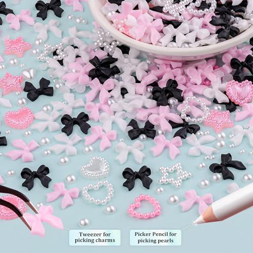 600 Pcs 3D Nail Bow Charms and Flatback Pearls Nail Charms Set 3 - color: Set 3- Pink&White&Black A Style