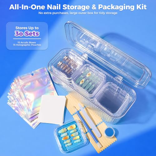 15 Acrylic Press-On Nail Cases,15 Nail Pouches with Cards&Large Storage Box - color: Clear Box