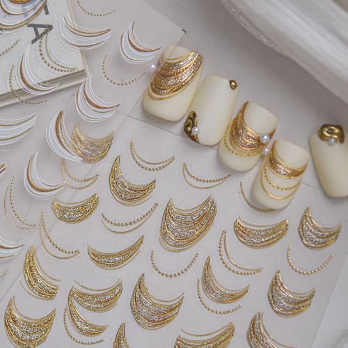 5D Embossed Nail Stickers, Premium Salon-Quality Self-Adhesive 3D Nail Art Decals, Refined Classic Designs for Easy DIY Manicure (Golden Crescent) - color: Golden Crescent