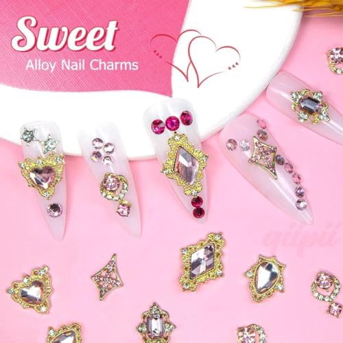 qiipii 24pcs Pink Luxury Nail Charms +2000pcs Rhinestones 3D Big Nail Gems K9 Glass Nail Crystals Diamonds Jewelry Stones Alloy Nail Art Studs Decor Supplies Heart Charms for Arylic Nails DIY Crafts - color: Luxury Charms - Pink, size: 2 Box