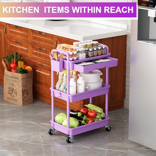Goovilla 3 Tier Rolling Utility Cart Organizer with Removable Drawer,Purple - size: 3 Tier, style: Purple
