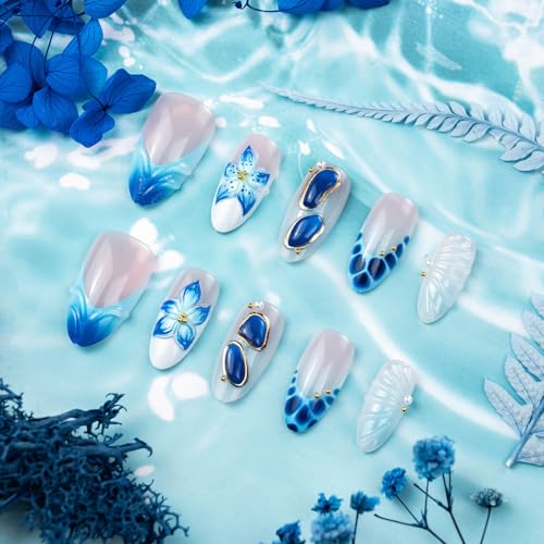 Summer Press On Nails Medium Almond Fake Nails French False Nails With Blue Floral Gold Pearl Design Reusable Acrylic Nail Press Ons Glossy Stick On Nails Full Cover For Women Manicure 24Pcs - color: Design-18