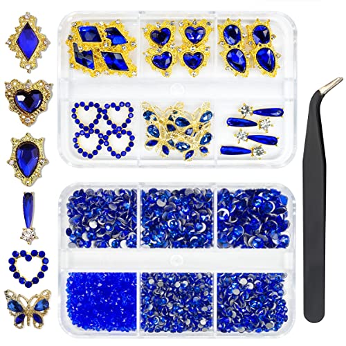 24pcs Blue Luxury Nail Charms +2000pcs Sapphire Rhinestones 3D Big Nail Gems K9 Glass Royal Blue Nail Crystals Diamonds Jewelry Stones Alloy Nail Art Studs Decor Supplies Heart Charms for Nails Crafts - color: Luxury Charms - Blue, size: 2 Box