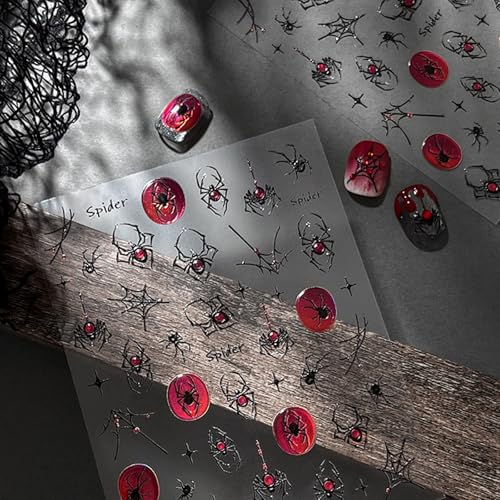 1Sheet Halloween Spider Nail Stickers for Nail Art Spider Web Nail Art Stickers 5D Embossed Halloween Nail Decals with Crystal Red Spider Web Nail Designs Manicure Decor for Women Manicure Supplies - style: spider web