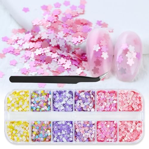 1 Box 6 Color Holographic Flower Nail Glitter Floral Nail Sequins 3D Pink Purple Nail Flakes Sparkly Glitter Flakes Shiny Nail Glitter Spring Summer Nail Sequins Glitter for Nails Art 12 Grids - color: YHN19