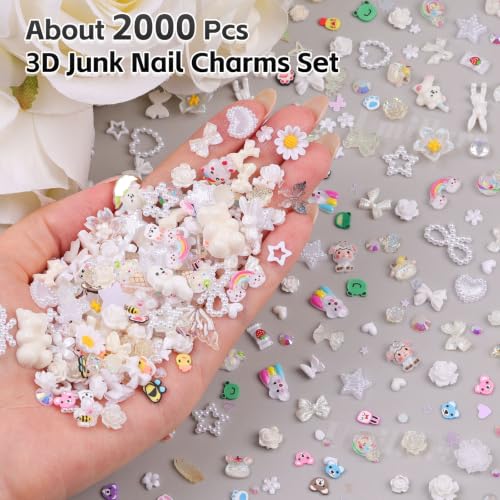 2000Pcs White 3D Nail Charms and Gems Set Random Cute Nail Art Decorations - color: White
