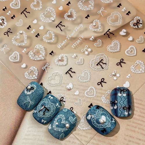 Valentines Nail Art Stickers Black Bow White Heart Nail Decals Charms 3D Self-Adhesive Valentines Day DIY Date Nail Supplies Manicure for Nail Decorations - color: Bow Heart