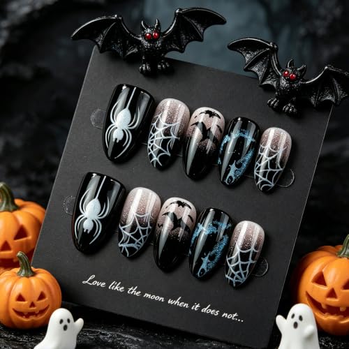 30Pcs Halloween Press on Nails Short Almond Black Gradient Spider Bat Web - color: Halloween Black Gradient
