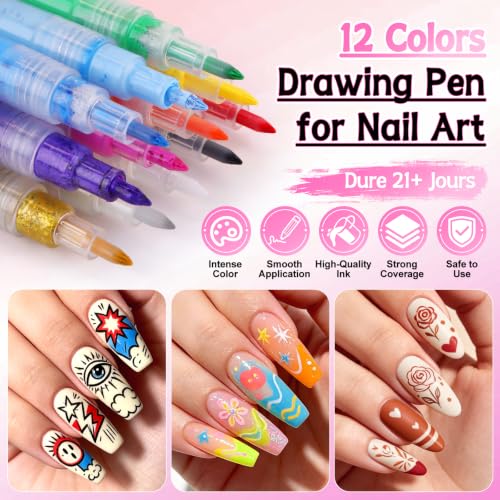 12 Colors Nail Art Pens Set, TOROKOM Nail Art Markers 3D Nail Polish Pens - color: 12 Color-H