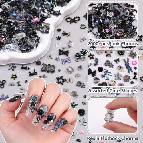 2000Pcs 3D Black Gothic Nail Charms Bulk Y2k Dark Nail Gems for Crafts Set - color: Black