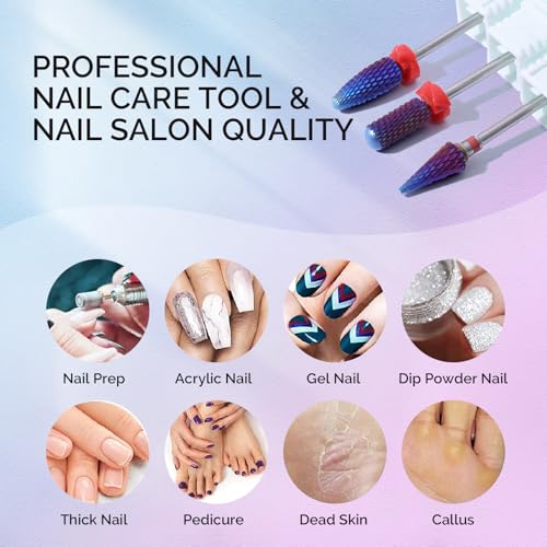 MelodySusie 3Pcs Nail Drill Bits Set, 3/32'' Carbide Tungsten Bits, Long Flame, Smooth Round Top Small Barrel and Tapered Nib Bits, Suitable for Manicure Pedicure Cuticle Gel Acrylic Remover, Purple - size: C Set