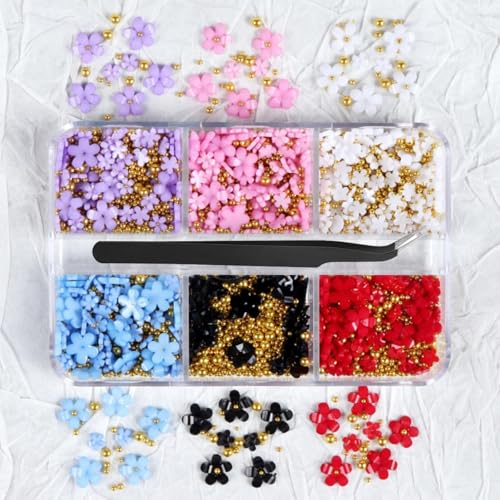 1 Box 6 Color Holographic Flower Nail Glitter Colorful Petal Nail Sequins 3D Red Purple Nail Flakes Sparkly Powder Flakes Shiny Nail Glitter Gold Beads Nail Sequins Glitter for Nails Art 6 Grids - color: Color 20