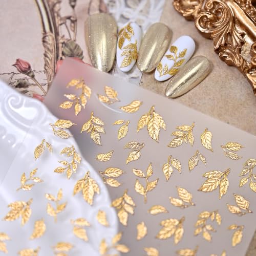 1 Sheet Fall Gold Leaf Nail Stickers 5d Embossed Leaves Nail Decals - color: Gold Leaves