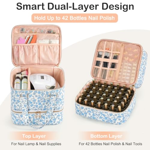 Uross Nail Polish Organizer Bag Case, 42 Bottles PU Leather- Blue Floral - size: Large- Hold 42 Bottles