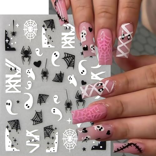 8 Sheets Spider Nail Art Stickers Halloween Ghost Nail Decals 3D Self-Adhesive Black White Heart Spider Web and Rhinestones Spiders Nail Design Acrylic Nails Decoration for Women Holiday Nail Charm - style: diamond ghost