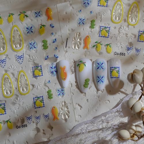 1 Sheet Bohemian Nail Stickers 5D Embossed Lemon Nail Decals Summer Fruit Nail Design Small Fish Nail Art Stickers Beach Nail Accessories Boho Style Blue Floral Nail Supply for Women Manicure DIY - color: Bohemian