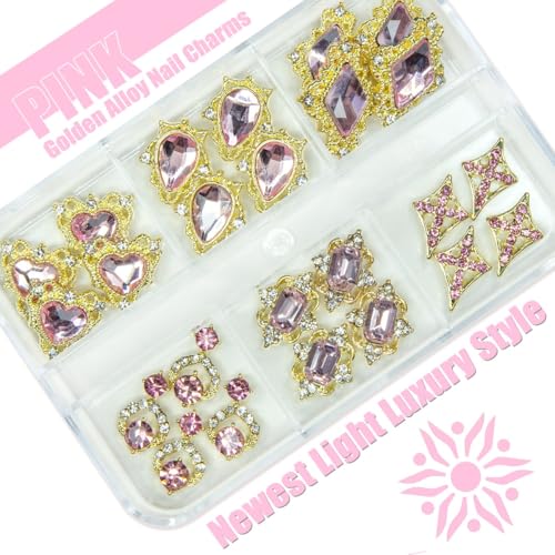 qiipii 24pcs Pink Nail Luxury Nail Charms Heart Rhinestones Charms 3D Big Nail Gems Crystals Diamonds Jewelry Stones Alloy Studs Supplies Decoration for Arylic Nails Face Makeup DIY Crafts Jewerly - color: Luxury Charms - Pink, size: 1 Box