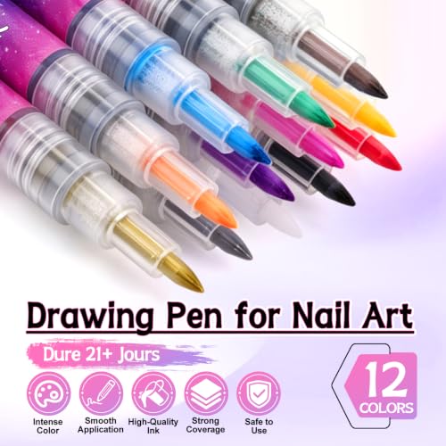 12 Colors Nail Art Pens Set, TOROKOM Nail Art Markers 3D Nail Polish Pens - color: 12 Color-F